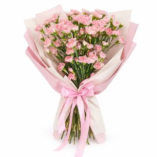 25 różowych mini goździków w papierze dekoracyjnym