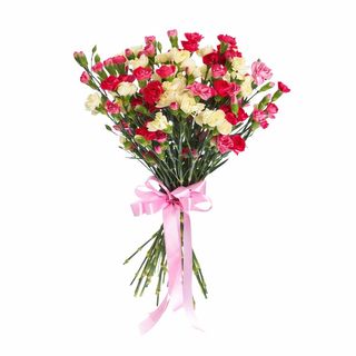 25 kolorowych mini goździków przewiązane wstążką