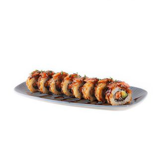 Uramaki z opalanym łososiem teriyaki i węgorzem w tempurze