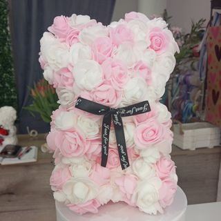 Miś z różyczek Biało- różowy S