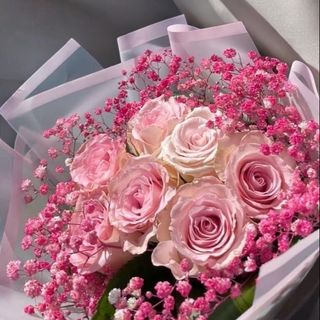 Różowe róże z gipsówką