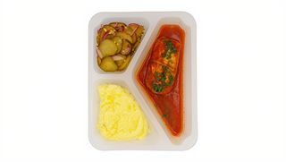 Gołąbek w sosie pomidorowym z puree ziemniaczanym i sałatką z kiszonego ogórka