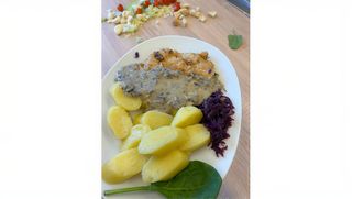 Kopytka ziemniaczana z filetem drobiowym, sosem grzybowym i surówką