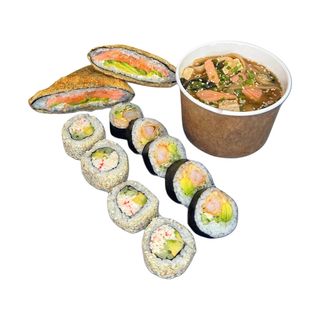 Zestaw lunchowy 2 – 9 szt + kanapka onigirazu w tempurze + zupa miso z łososiem