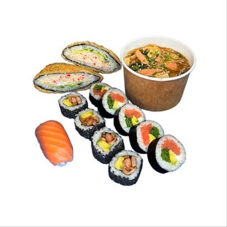 Zestaw lunchowy 4 – 10 szt + kanapka onigirazu w tempurze + zupa miso z łososiem