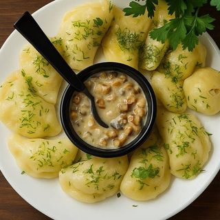 Talerz pierogów mix z patelni z sosem piezarkowym 12 szt.