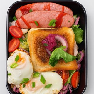 Śniadanie z jajkami sadzonymi, kiełbaską smażoną, tostem i sałatką