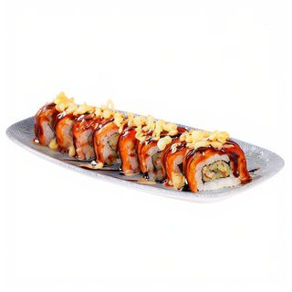 Uramaki z opalanym łososiem teriyaki i węgorzem w tempurze