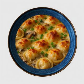 Pielmeni wieprzowo-wołowe zapiekane w sosie grzybowym pod serem