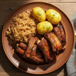 Żeberka wieprzowe z zasmażaną kapustą i ziemniakami