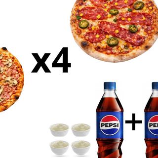*Zestaw imprezowy* 4x pizzę, 2x sos, 2x pepsi -TANIEJ niż osobno.
