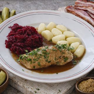 Zraz wieprzowy w sosie z kopytkami i surówką z buraków