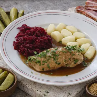 Zraz wieprzowy w sosie z kopytkami i surówką z buraków