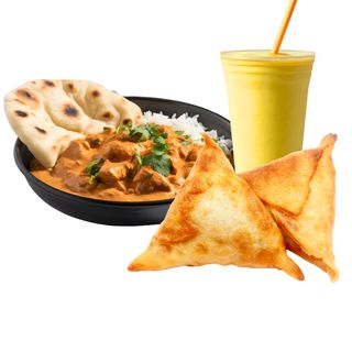 Zestaw 8 - Butter Chicken (ryż + naan) + Samosa + Mango Lassi.
