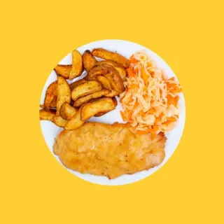 Kotlet drobiowy, opiekane ziemniaczane łódeczki i surówka colesław