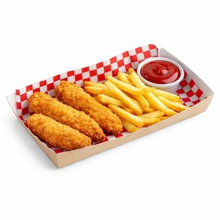 Polędwiczki z kurczaka panierowane , frytki , soczek, ketchup