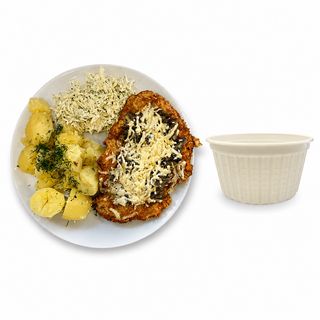 Zupa+ Kotlet schabowy zapiekany z pieczarkami i serem, ziemniaki lub frytki, surówka + ZUPA