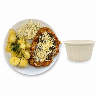 Zupa+ Kotlet drobiowy zapiekany z pieczarkami i serem, ziemniaki lub frytki, surówka
