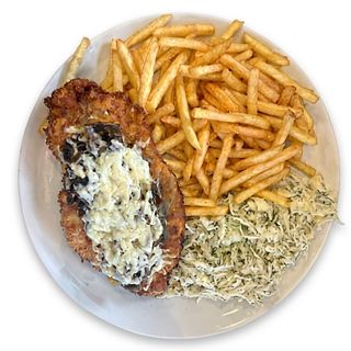 Kotlet drobiowy zapiekany z pieczarkami i serem, ziemniaki lub frytki, surówka