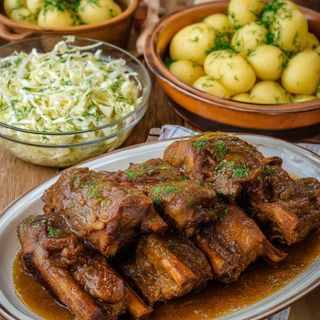 Żeberka, ziemniaki z koperkiem, kiszona kapusta
