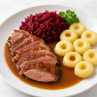 Pierś z kaczki, kluski śląskie, buraczki