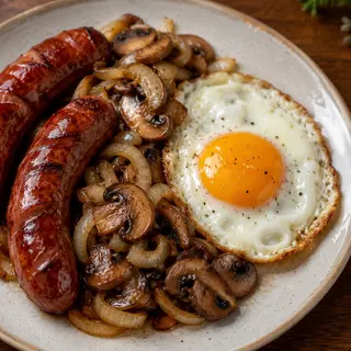 Pieczona kiełbaska z cebula i pieczarka z jajkiem sadzonym