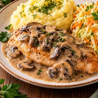 Pierś w sosie pieczarkowym , puree, surówka