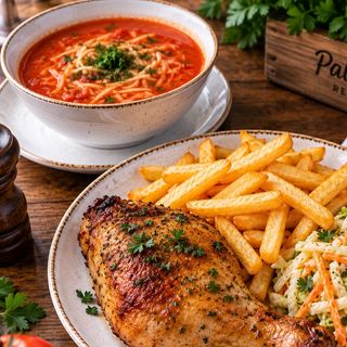 Zupa Ogórkowa, Pierś w sosie pieczarkowym , puree, surówka
