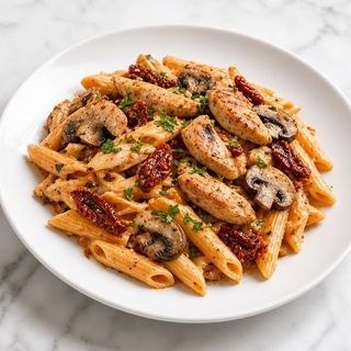 Penne z kurczakiem, susz pomidorami i pieczarkami