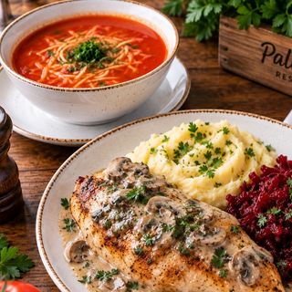 Zestaw nr.2 Zupa Pomidorowa, Pierś faszerowana serem, sos z pieczarek z puree i buraczkami
