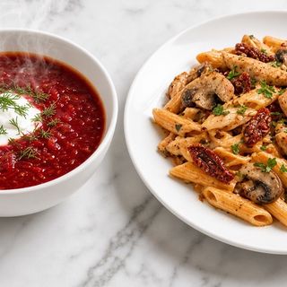 Zestaw nr.3 Barszcz Ukraiński, Penne z kurczakiem, susz pomidorami i pieczarkami