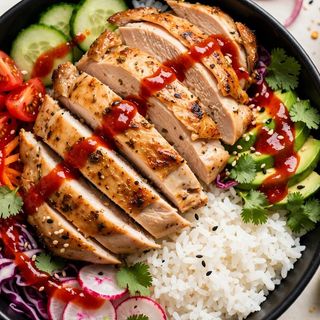 Chicken bowl / kurczak, warzywa, ryż i sos mango halapeno