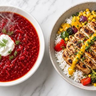 Zestaw nr.4 Barszcz Ukraiński, Chicken bowl / kurczak, warzywa, ryż i sos mango halapeno