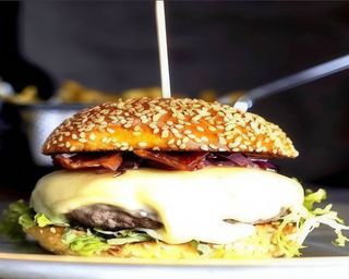 Hamburguer Artesanal no prato  com Batata Frita e salada