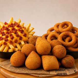 Combo 3 - 15 Salgados Miniaturas Sortidos + Batata Frita com Bacon e Cheddar Media + 6 Aros de Cebola