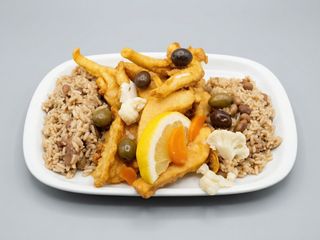 Choco Frito com arroz de feijão