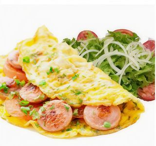 Omelete Misto (Fiambre e Queijo) com Arroz e Batata Frita