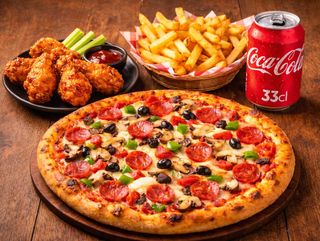 Combo 1 - Pizza 25cm + Asas de Frango 5pcs + Batatas Fritas + Bebida 33cl