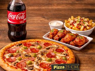 Combo - Pizza 25cm. bebida 1.5l, asas de frango 6pc, batata spicy