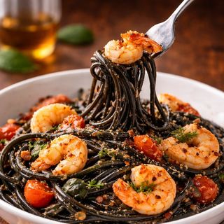 Linguini Nero di Seppia com Camarão
