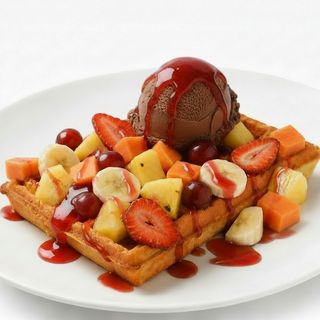 Waffle Frutas com Uma Bola de Gelado