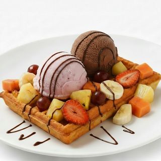 Waffle Frutas com Duas Bola de Gelado