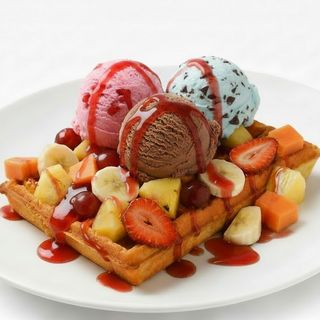 Waffle Frutas com Três Bolas de Gelado