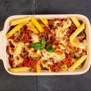 Menu penne à bolonhesa gratinada