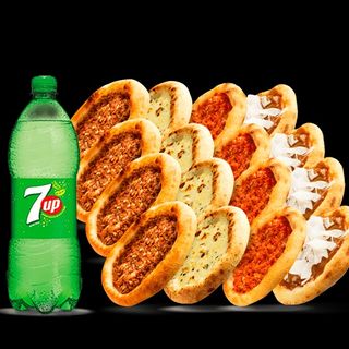 Menu Família: 5 carne + 5 frango + 5 queijo + 5 calabresa + 1 7up 1,5 litro