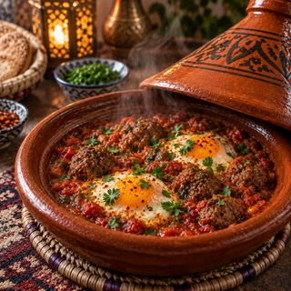 Tajine de Carne Picada com Ovos e Molho de Tomate