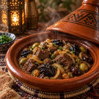 Tajine de Carne com Cebola e Passas, Azeitonas e Ameixa