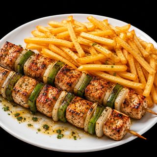 2 Espetadas de Peru na Brasa com Batata Frita Caseira