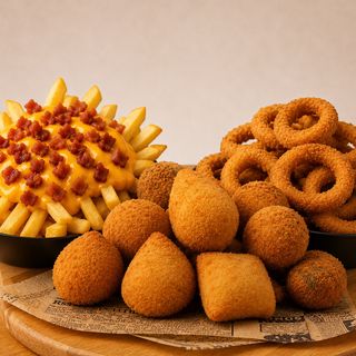 Combo 3 - 15 Salgados Miniaturas Sortidos + Batata Frita com Bacon e Cheddar Media + 6 Aros de Cebola