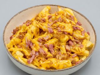Batata frita com cheddar , bacon e cebola crispy